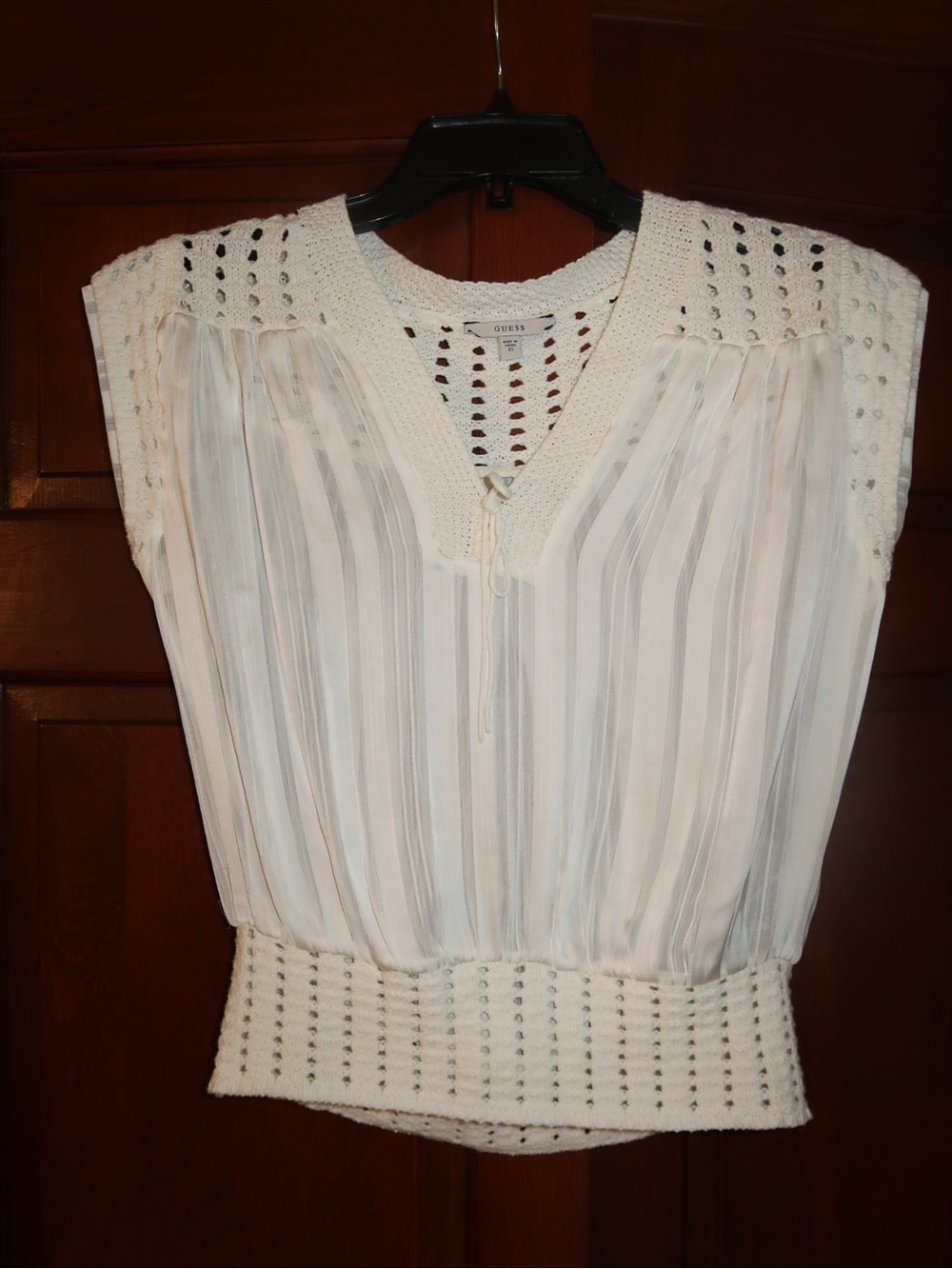 Guess White Crochet-Trim Pleated Blouse